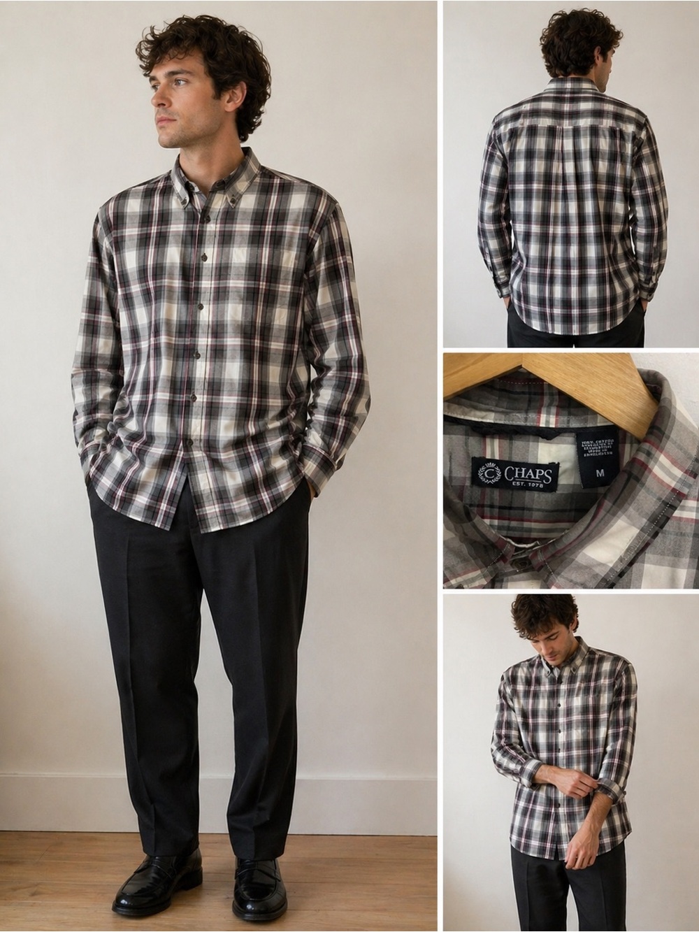 CHAPS men plaid button down shirt 100% lightweight cotton white grey red medium